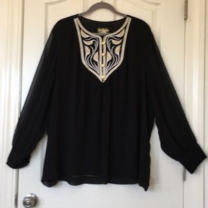 Bob Mackie Woman’s 3X Black Embroidered Blouse Chiffon  Long Sleeves
